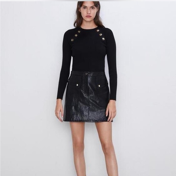 Black Zara A-Line Faux Leather Skirt with Gold Buttons - Picture 2 of 5